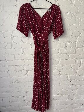 FAITHFULL Berry Red Floral Jumpsuit with Tie Waist